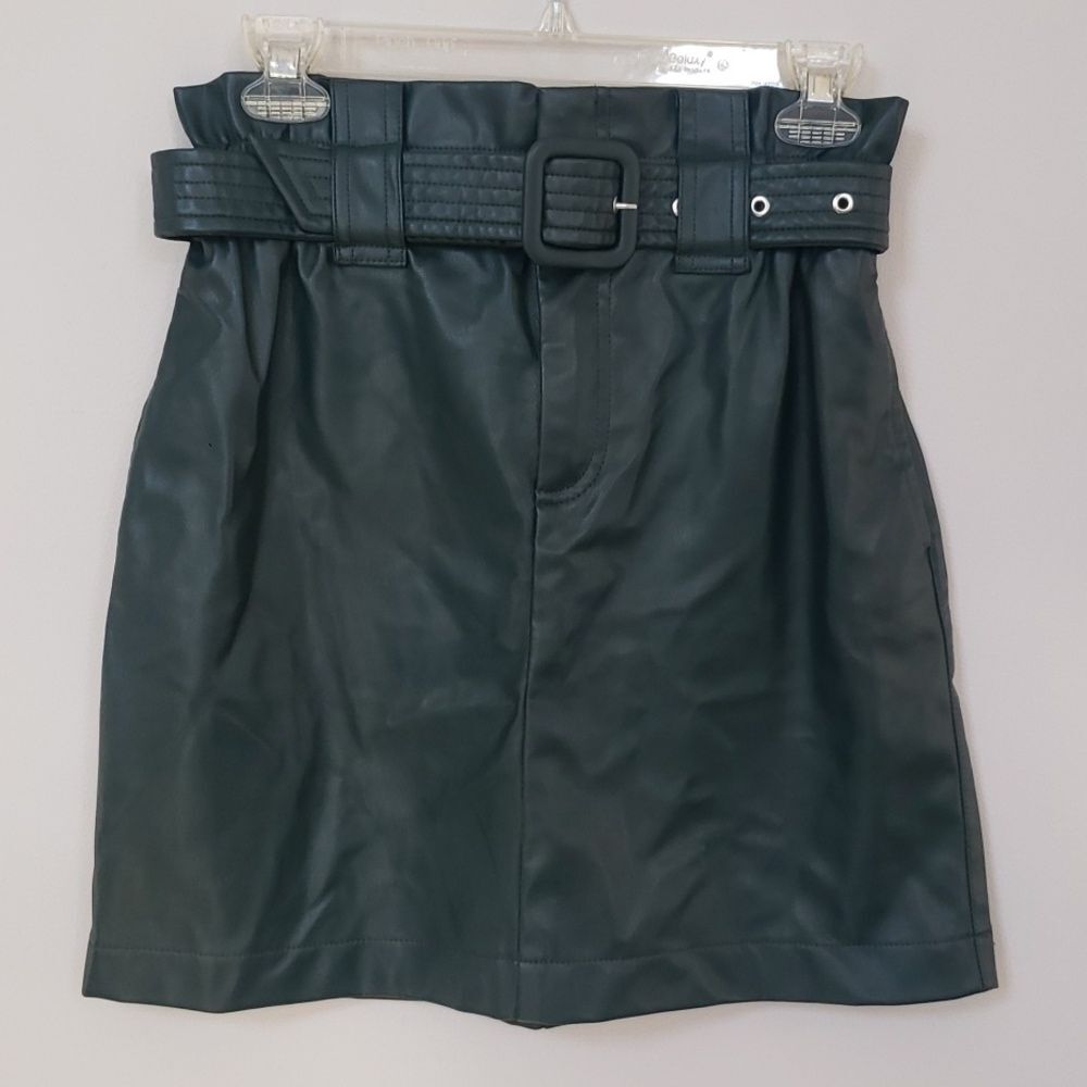 NWT Zara Skirt Womens S Faux Leather Belted Paperbag Waist A-Line Pencil Green